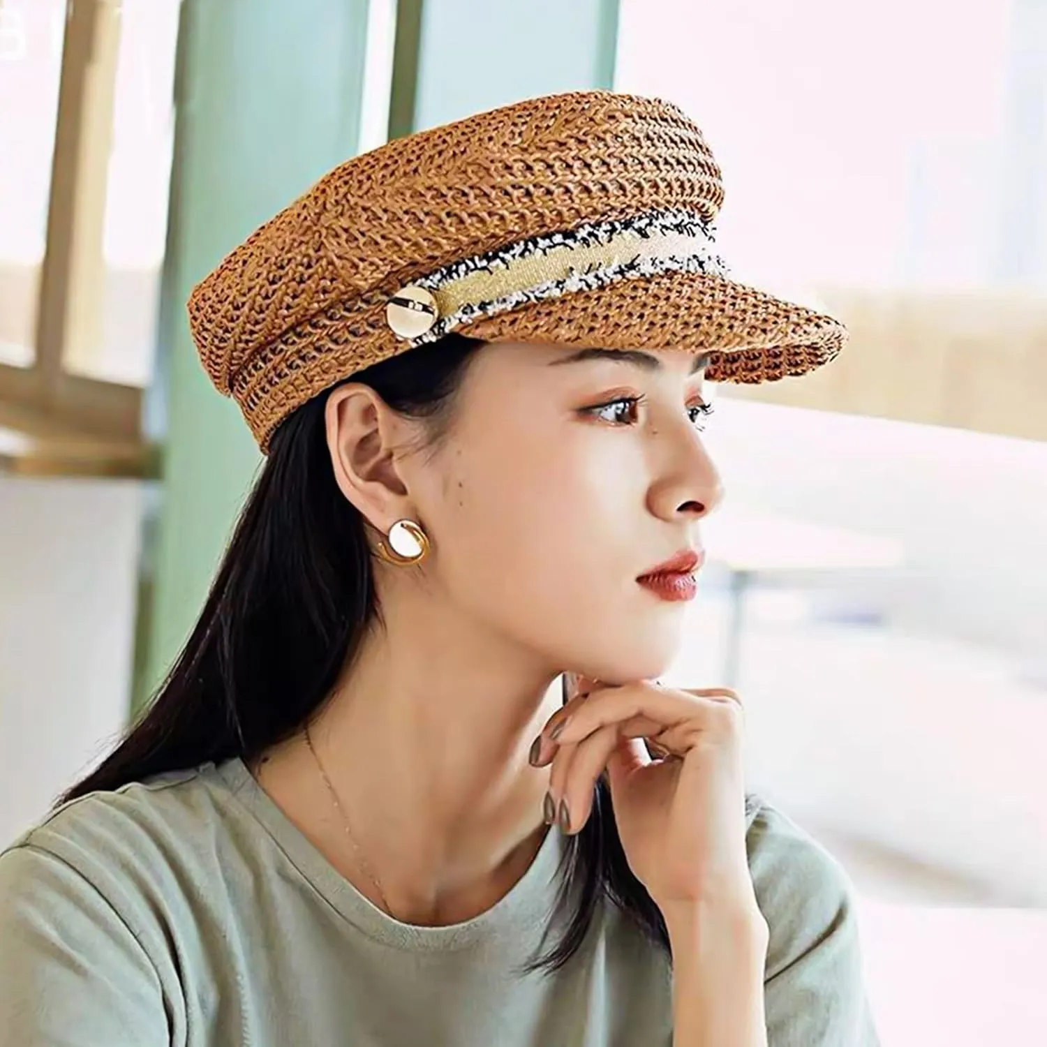 Women Summer Wide Brim Straw Woven Sun Hat Visor Flat Top Newsboy Cap Painter Hat