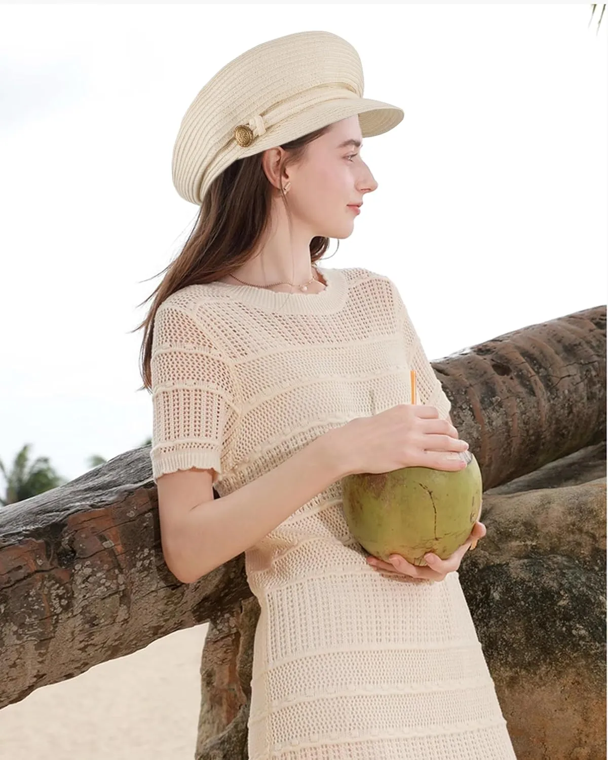 Women Summer Wide Brim Straw Woven Sun Hat Visor Flat Top Newsboy Cap Painter Hat