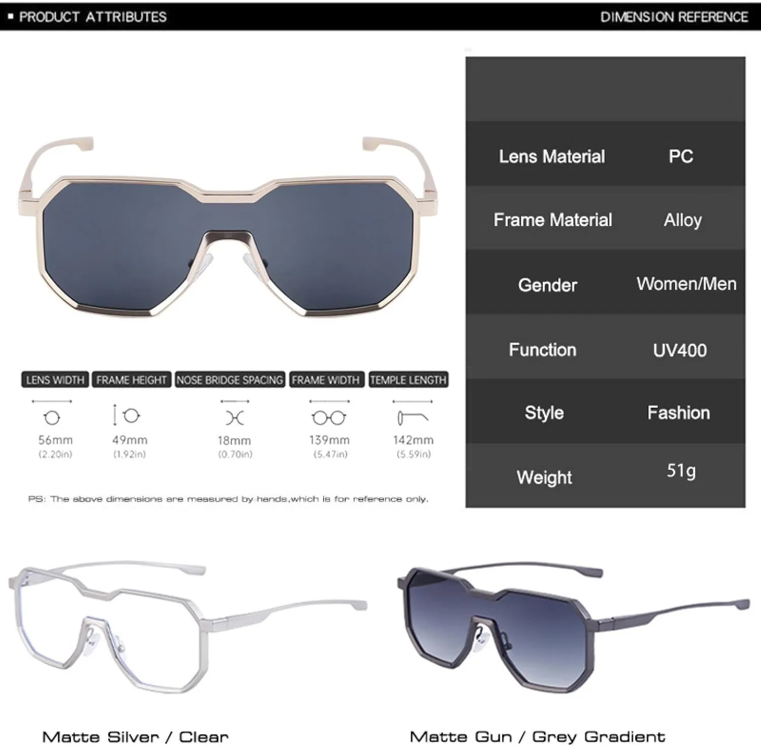 Women Sunglasses One Piece Clear Gradient Mirror Shades Uv400 Men Punk Metal Sun Glasses