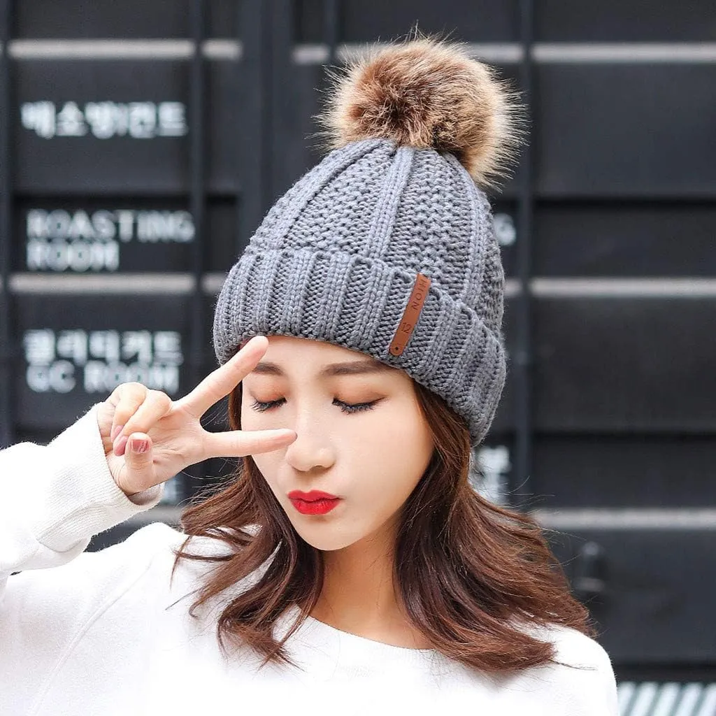 Women Winter Pompom Beanie Hat with Warm Fleece Lined, Thick Slouchy Snow Knit Skull Ski Cap Soft Warm Hat