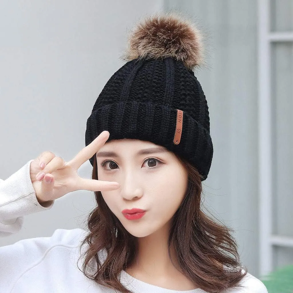 Women Winter Pompom Beanie Hat with Warm Fleece Lined, Thick Slouchy Snow Knit Skull Ski Cap Soft Warm Hat