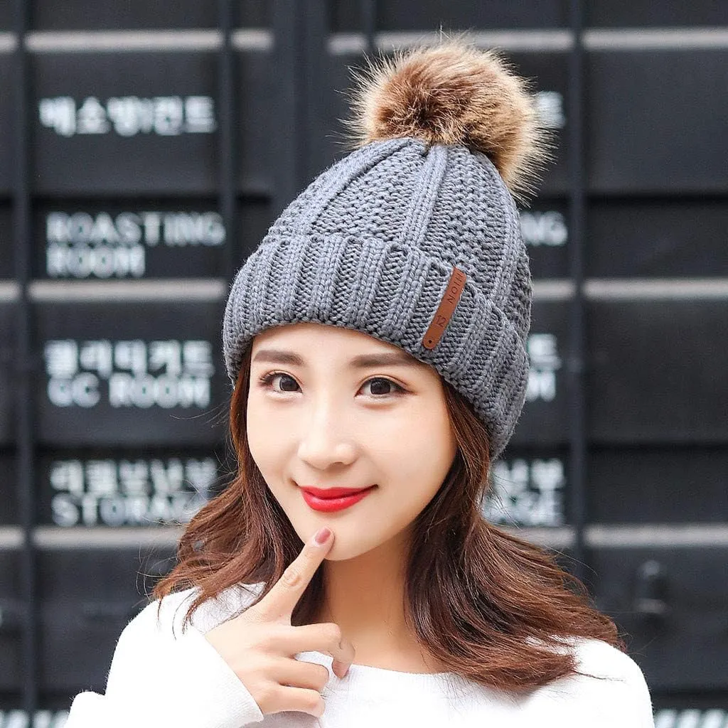 Women Winter Pompom Beanie Hat with Warm Fleece Lined, Thick Slouchy Snow Knit Skull Ski Cap Soft Warm Hat