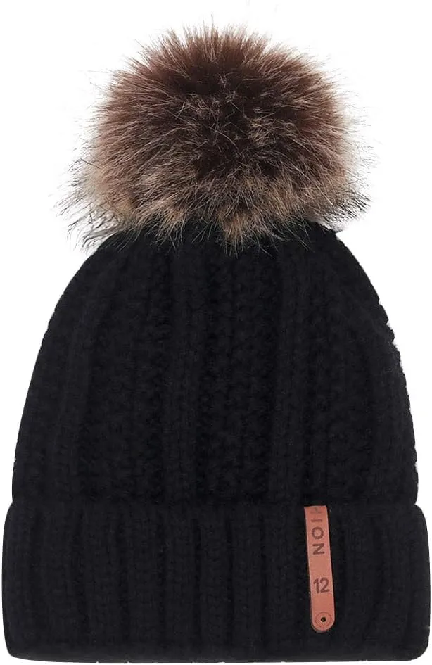 Women Winter Pompom Beanie Hat with Warm Fleece Lined, Thick Slouchy Snow Knit Skull Ski Cap Soft Warm Hat