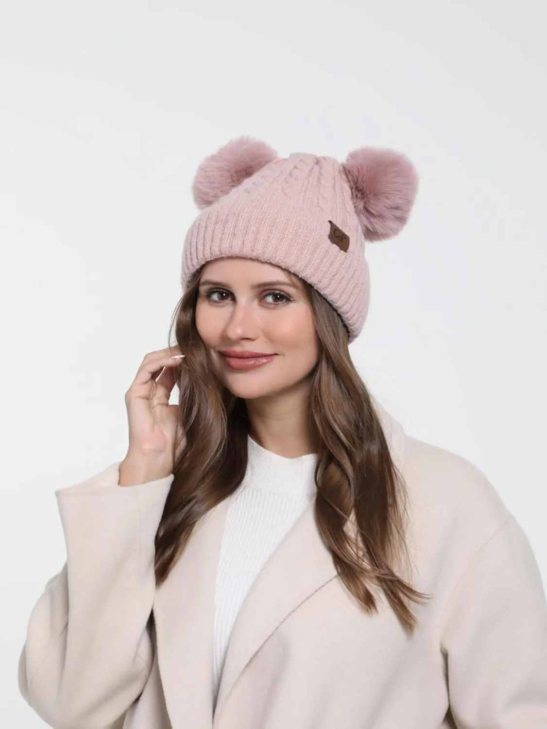 Women with Double Pom Pom Womens Winter Knitted Beanie Hat Womens Winter Knitted Beanie Hat