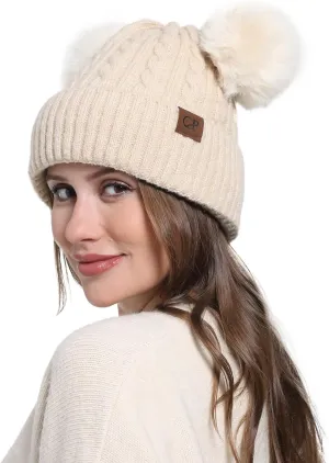 Women with Double Pom Pom Womens Winter Knitted Beanie Hat Womens Winter Knitted Beanie Hat