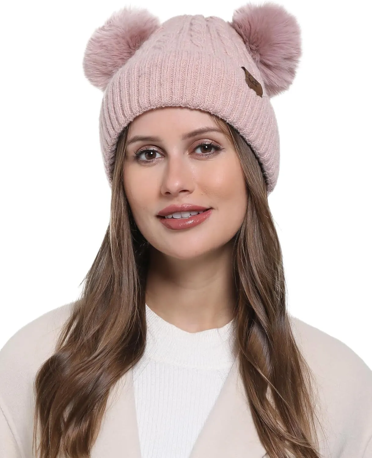 Women with Double Pom Pom Womens Winter Knitted Beanie Hat Womens Winter Knitted Beanie Hat