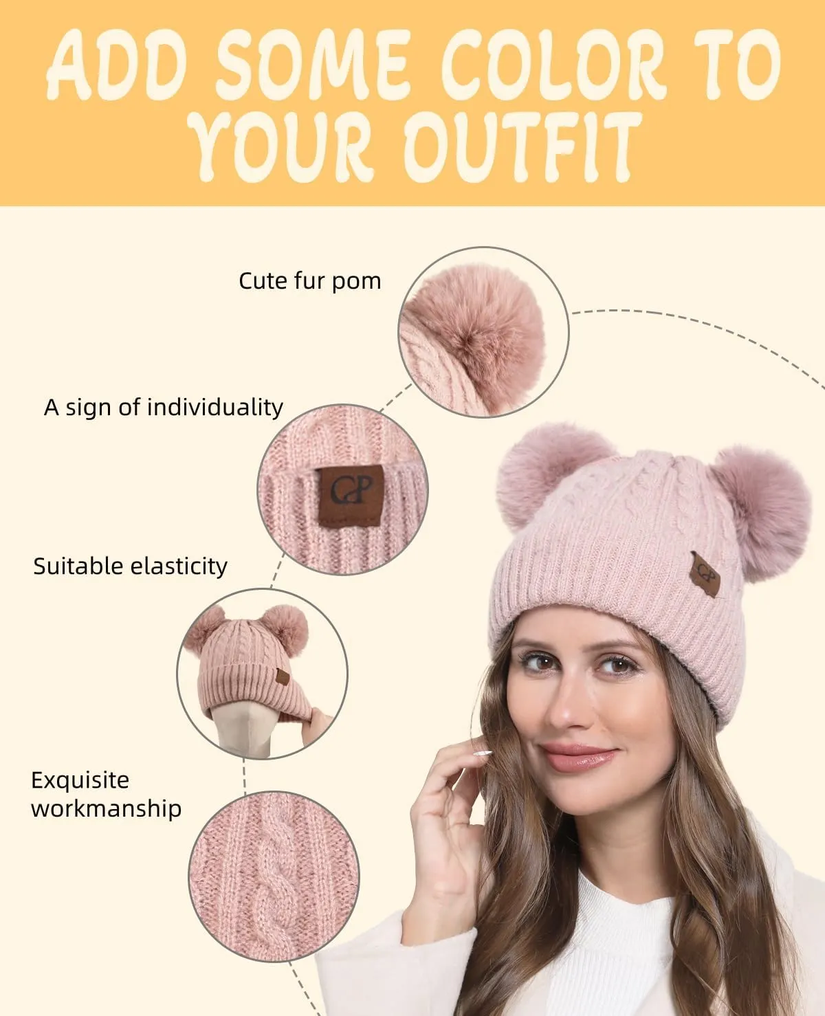 Women with Double Pom Pom Womens Winter Knitted Beanie Hat Womens Winter Knitted Beanie Hat