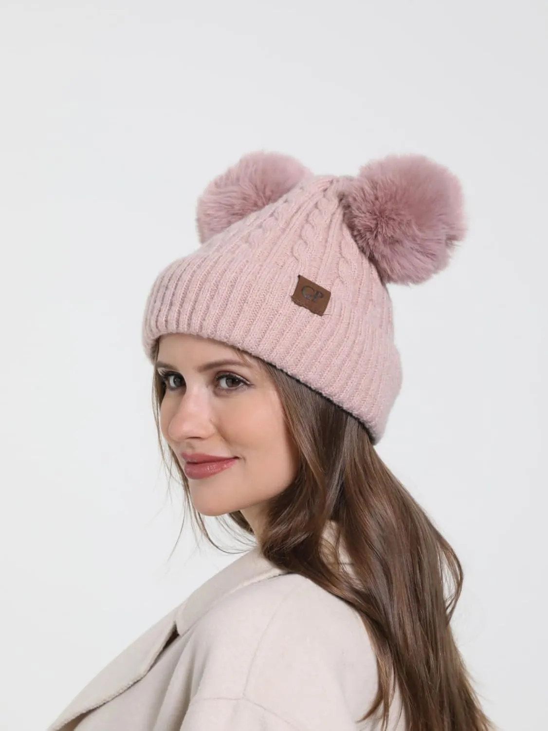 Women with Double Pom Pom Womens Winter Knitted Beanie Hat Womens Winter Knitted Beanie Hat