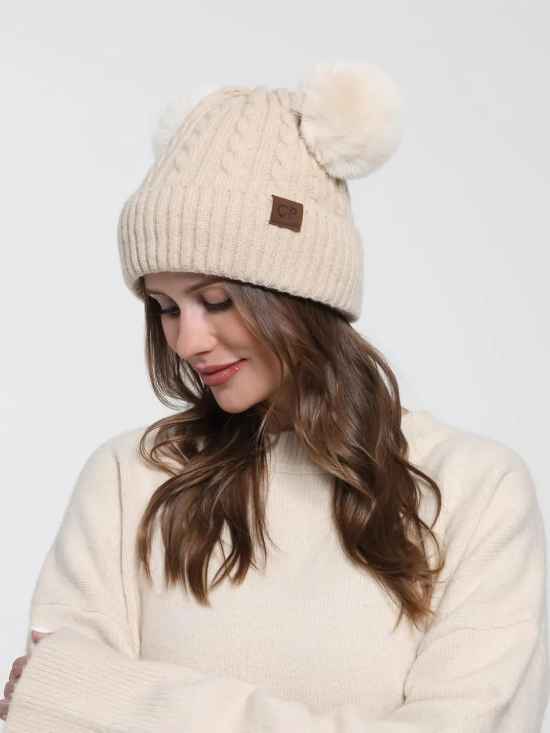 Women with Double Pom Pom Womens Winter Knitted Beanie Hat Womens Winter Knitted Beanie Hat