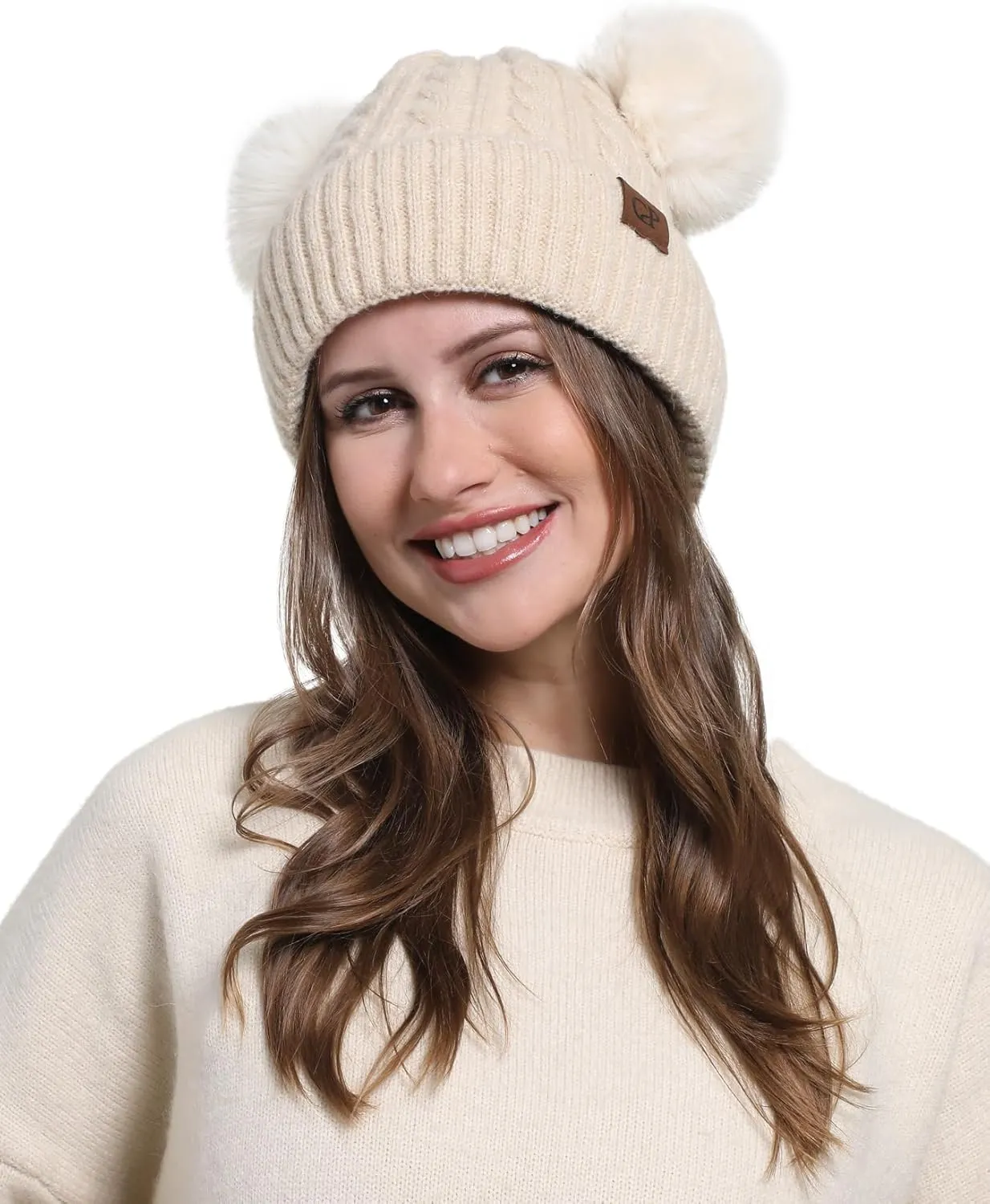 Women with Double Pom Pom Womens Winter Knitted Beanie Hat Womens Winter Knitted Beanie Hat
