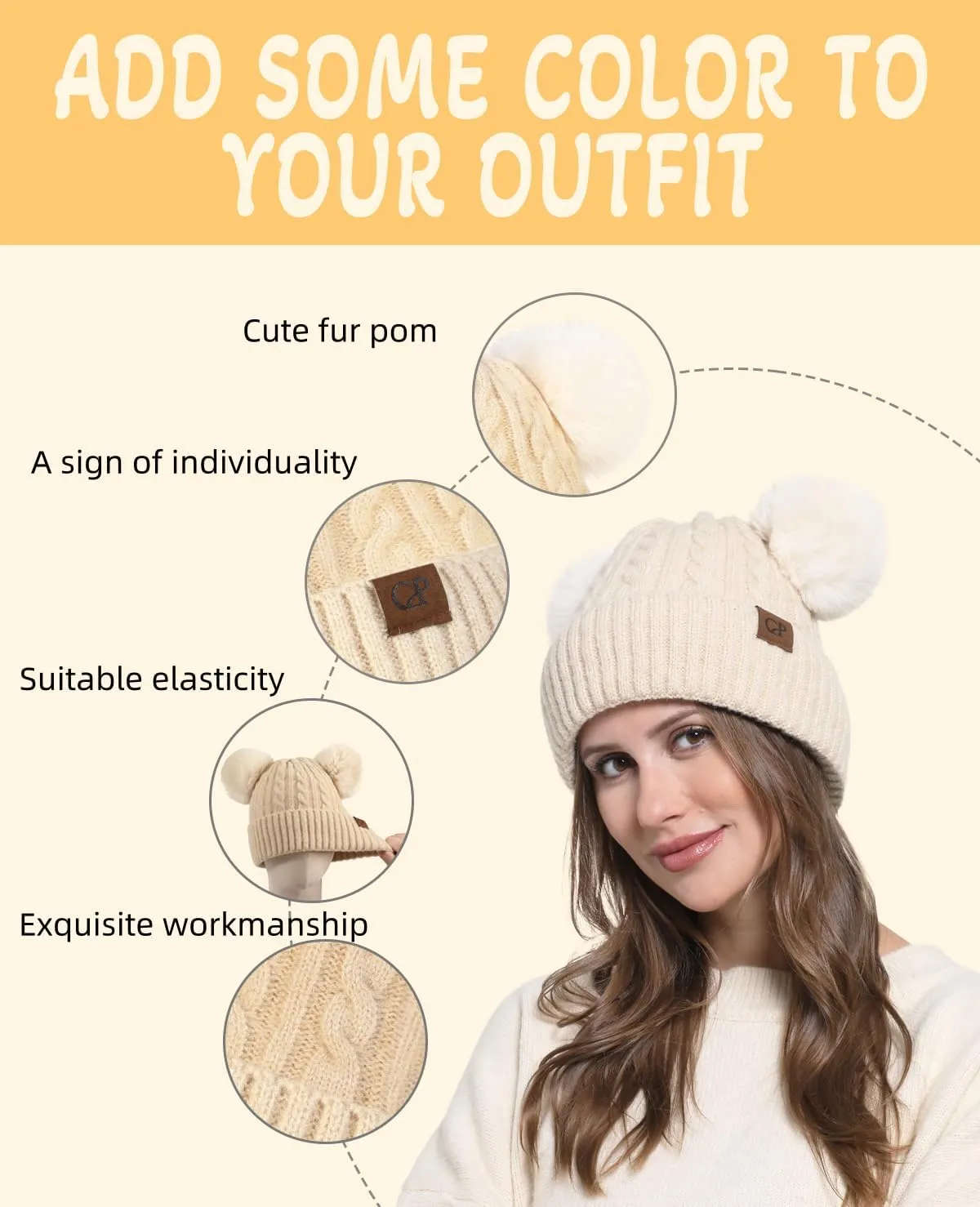 Women with Double Pom Pom Womens Winter Knitted Beanie Hat Womens Winter Knitted Beanie Hat