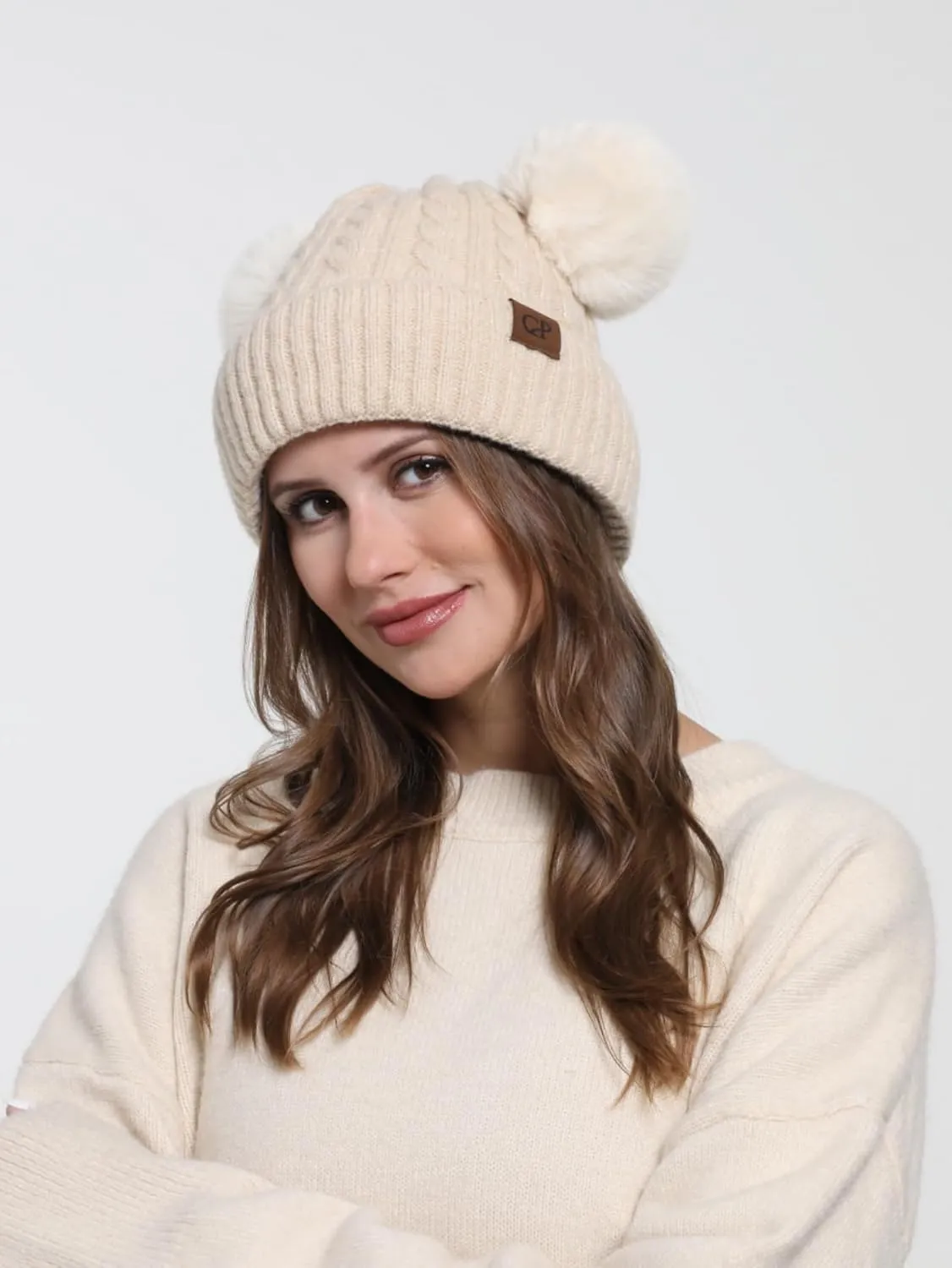 Women with Double Pom Pom Womens Winter Knitted Beanie Hat Womens Winter Knitted Beanie Hat