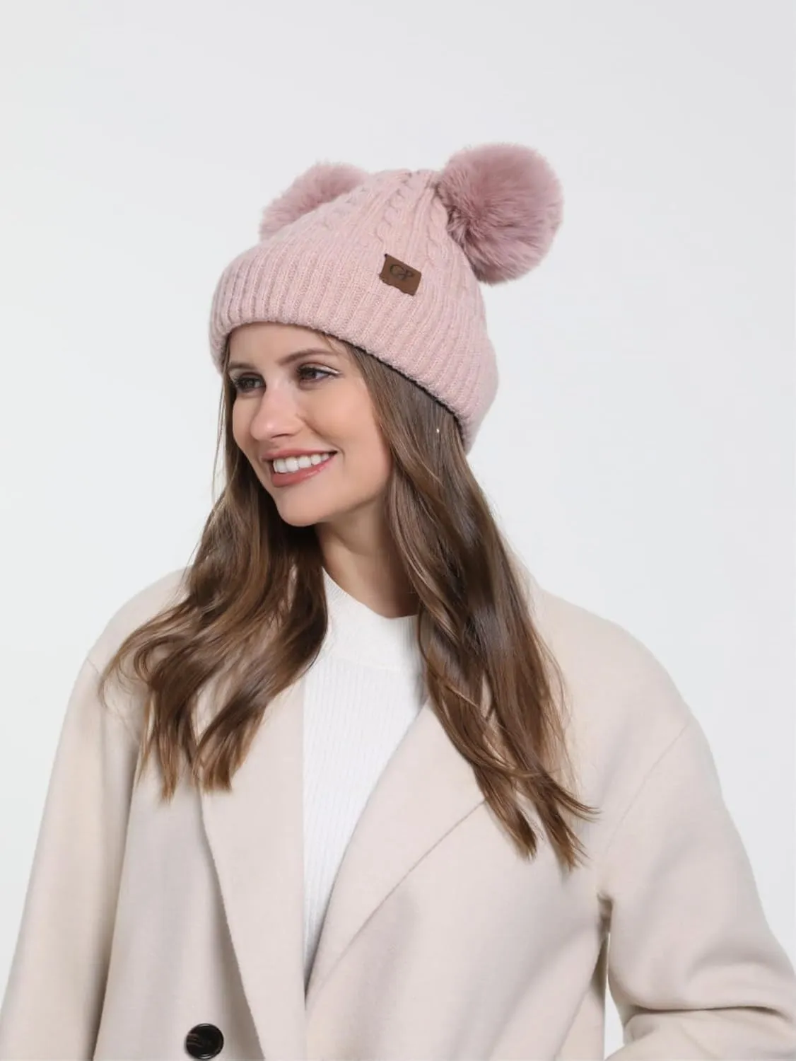 Women with Double Pom Pom Womens Winter Knitted Beanie Hat Womens Winter Knitted Beanie Hat