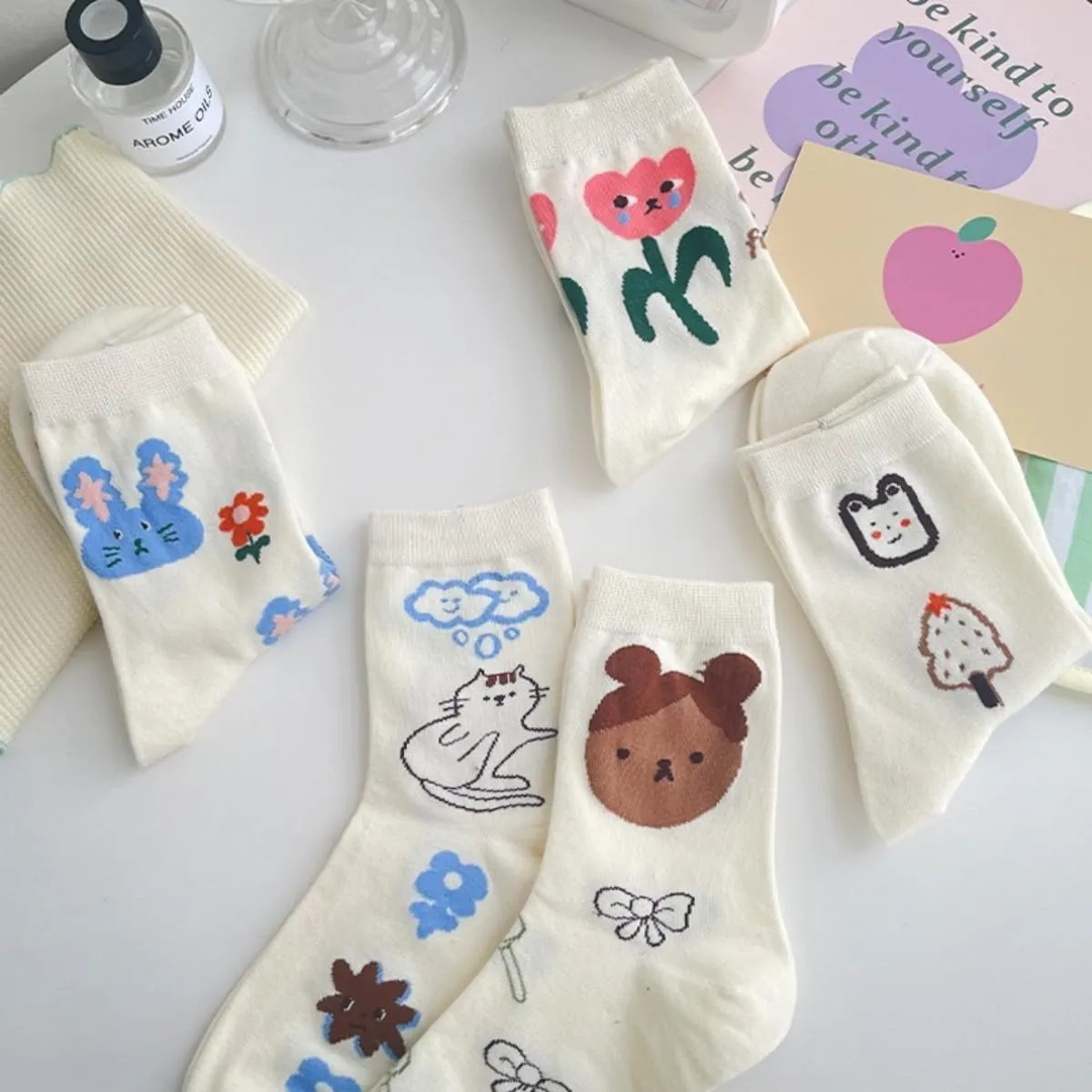 Womens Crew Socks Casual Cotton Socks Cute Fun Novelty Girl Thin Dress Socks 6-pairs