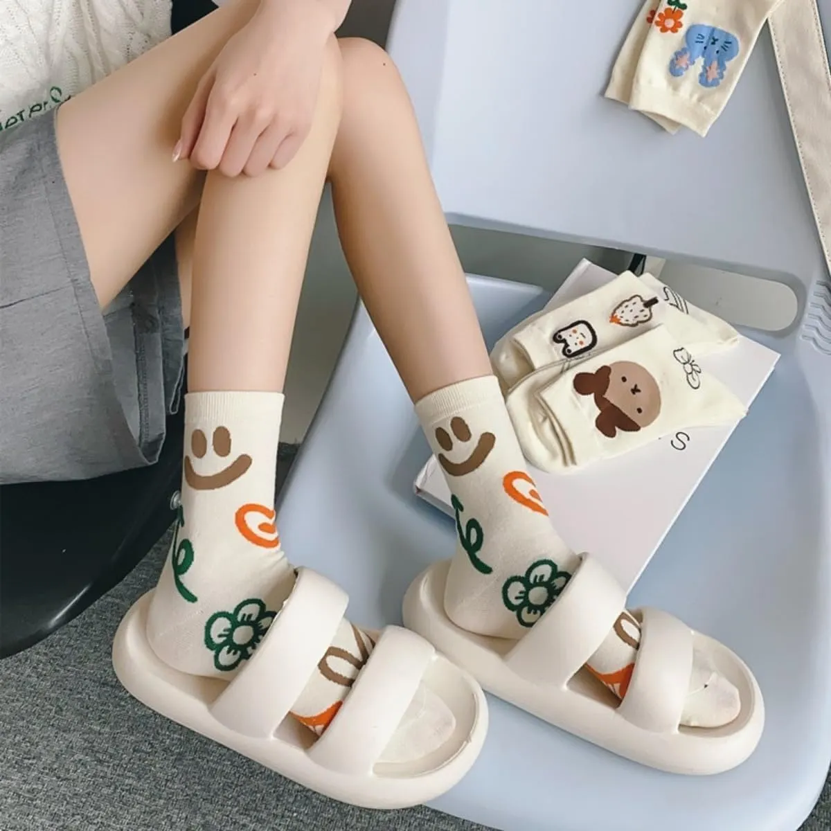 Womens Crew Socks Casual Cotton Socks Cute Fun Novelty Girl Thin Dress Socks 6-pairs