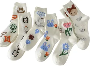 Womens Crew Socks Casual Cotton Socks Cute Fun Novelty Girl Thin Dress Socks 6-pairs