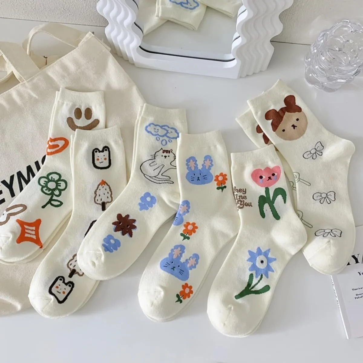 Womens Crew Socks Casual Cotton Socks Cute Fun Novelty Girl Thin Dress Socks 6-pairs