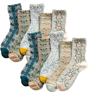 Womens Crew Socks Soft Cotton Aesthetic Calf Cute Socks with Knitting Floral Pattern 3/5/10-Pairs