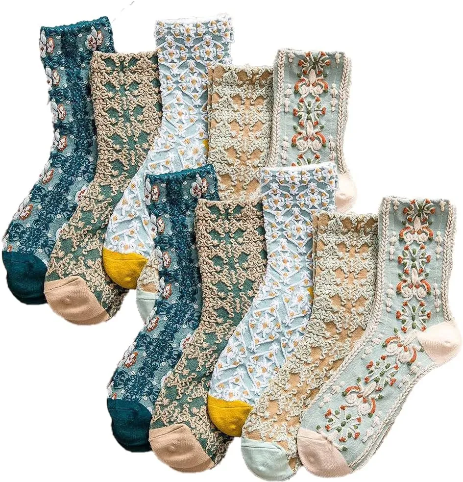 Womens Crew Socks Soft Cotton Aesthetic Calf Cute Socks with Knitting Floral Pattern 3/5/10-Pairs
