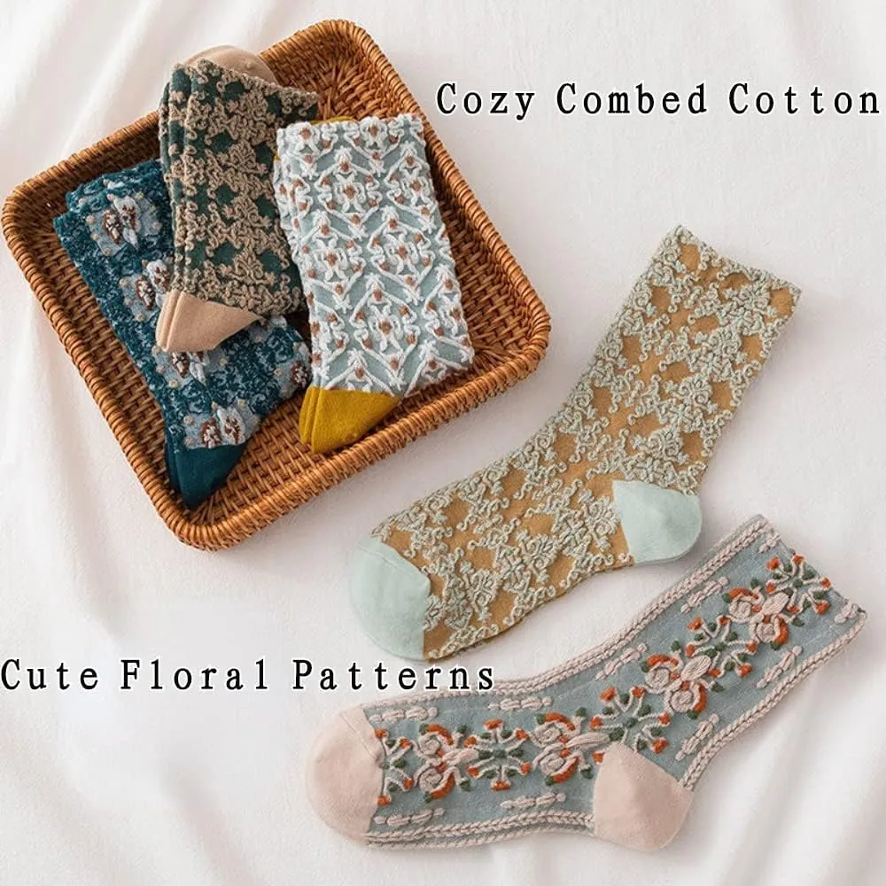 Womens Crew Socks Soft Cotton Aesthetic Calf Cute Socks with Knitting Floral Pattern 3/5/10-Pairs
