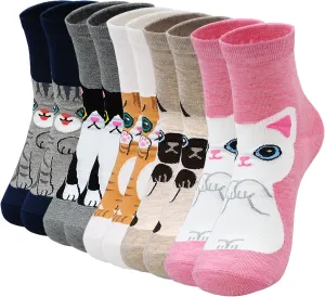 Womens Cute Cat Socks Funny Animal Pattern Gift Socks for Lady Female Girl Soft Cotton Pet Sox 5 Pairs