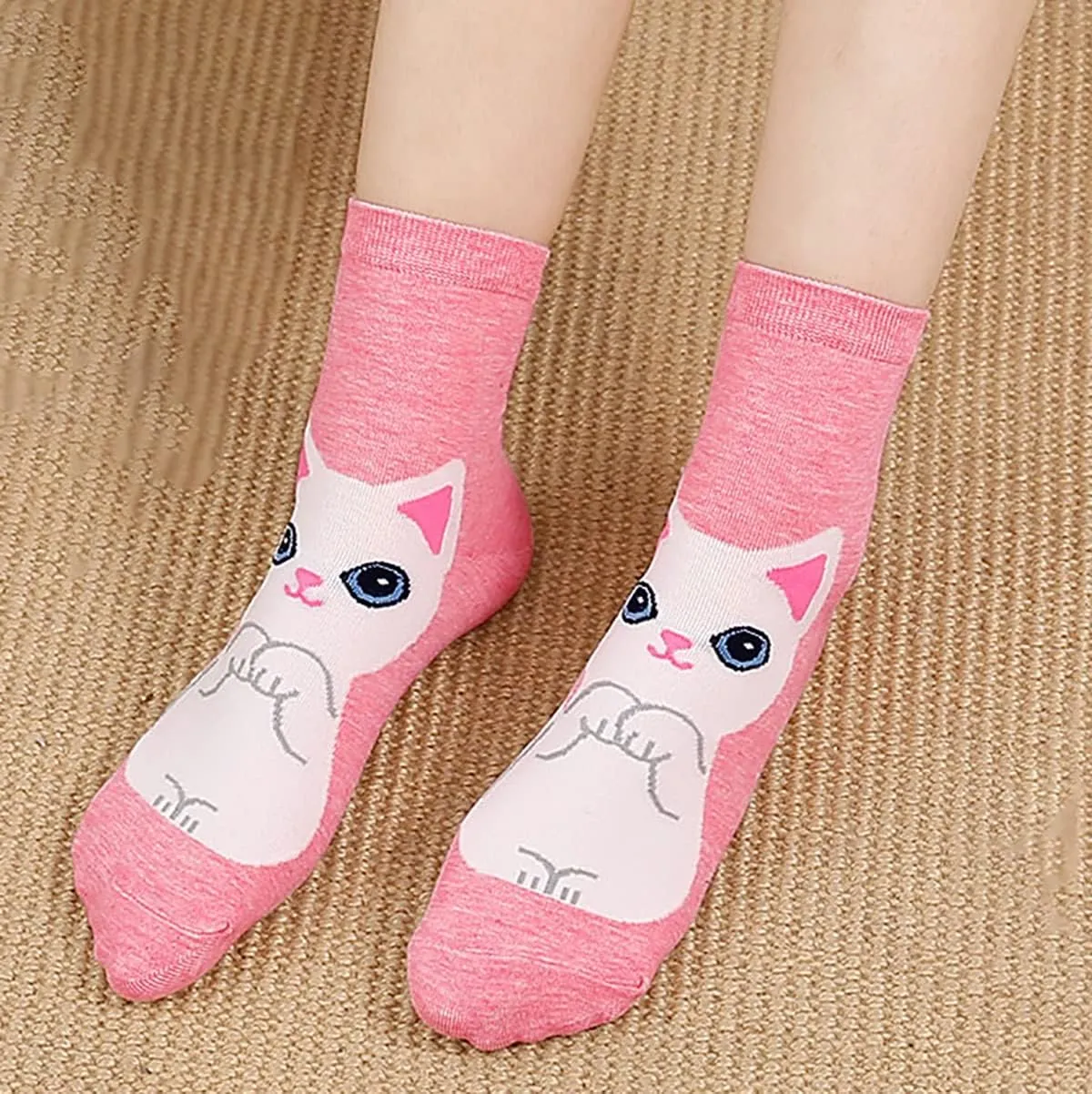 Womens Cute Cat Socks Funny Animal Pattern Gift Socks for Lady Female Girl Soft Cotton Pet Sox 5 Pairs