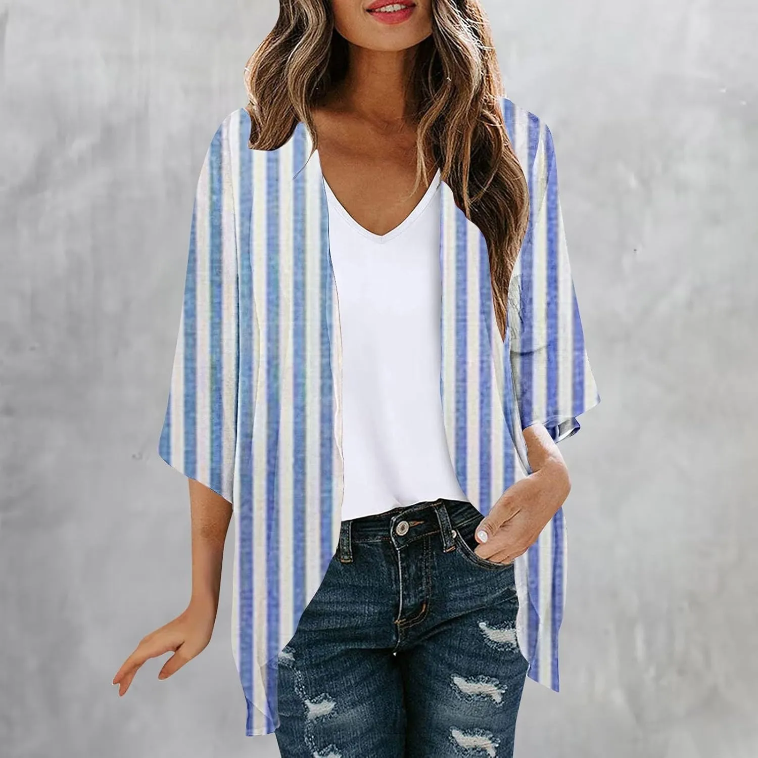 Women's Kimono Cardigans Boho Floral Chiffon Loose Open Front Casual Summer Tops Striped Lightweight Beach Cover Ups