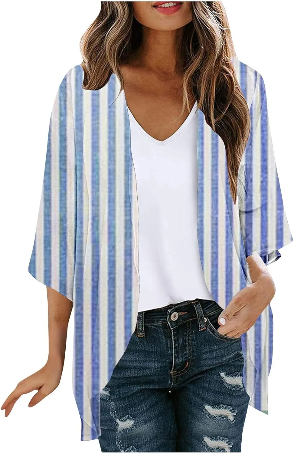 Women's Kimono Cardigans Boho Floral Chiffon Loose Open Front Casual Summer Tops Striped Lightweight Beach Cover Ups