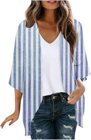 Women's Kimono Cardigans Boho Floral Chiffon Loose Open Front Casual Summer Tops Striped Lightweight Beach Cover Ups