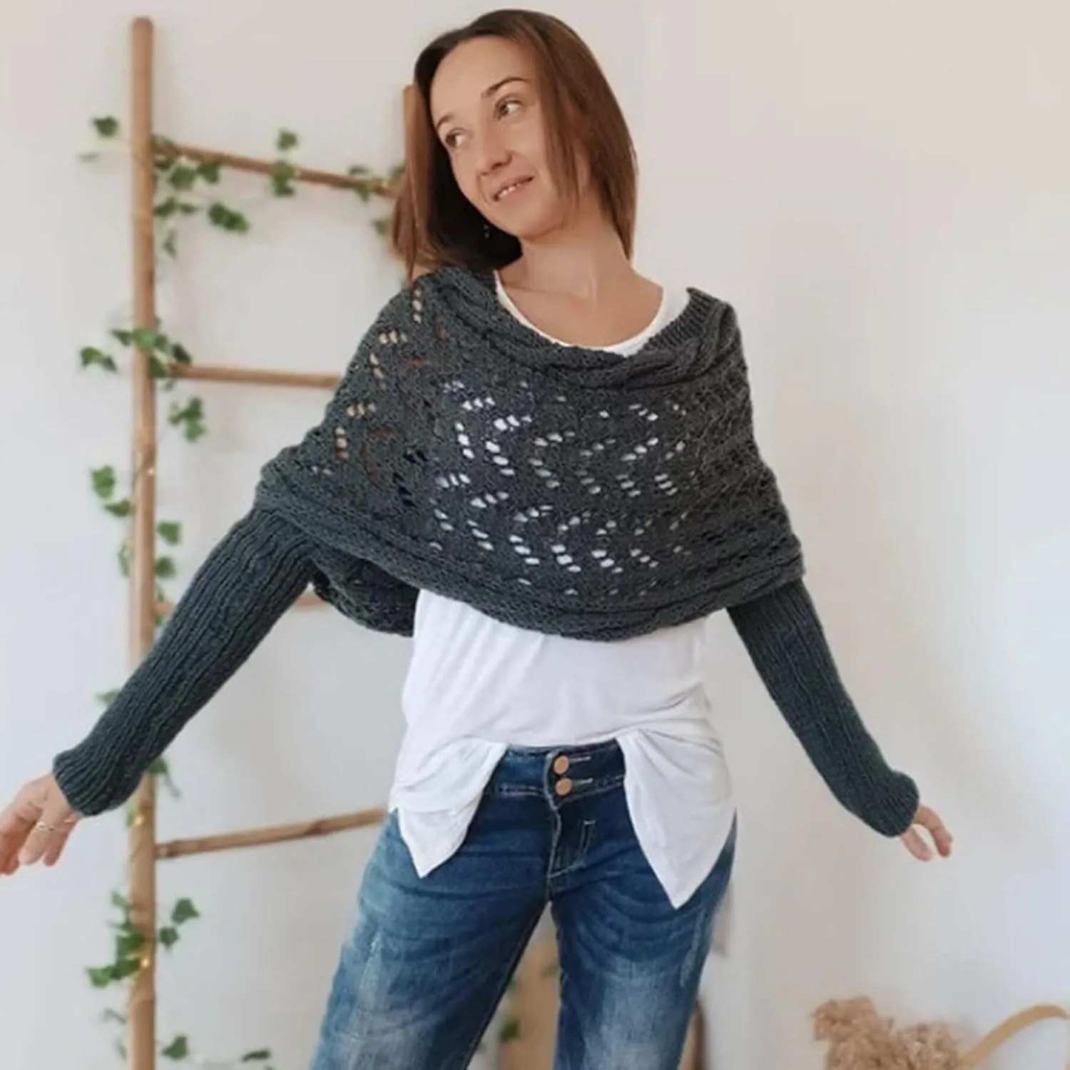 Womens knitted double sleeve scarf with sleeves Knitted cable wrap, shrugs for women, knitted wrap