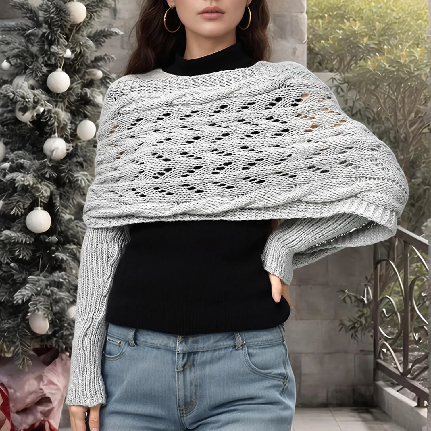 Womens knitted double sleeve scarf with sleeves Knitted cable wrap, shrugs for women, knitted wrap