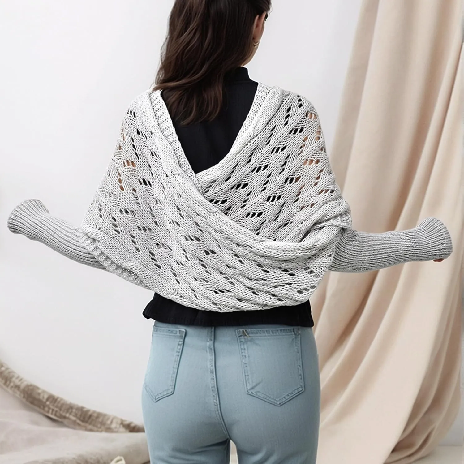 Womens knitted double sleeve scarf with sleeves Knitted cable wrap, shrugs for women, knitted wrap