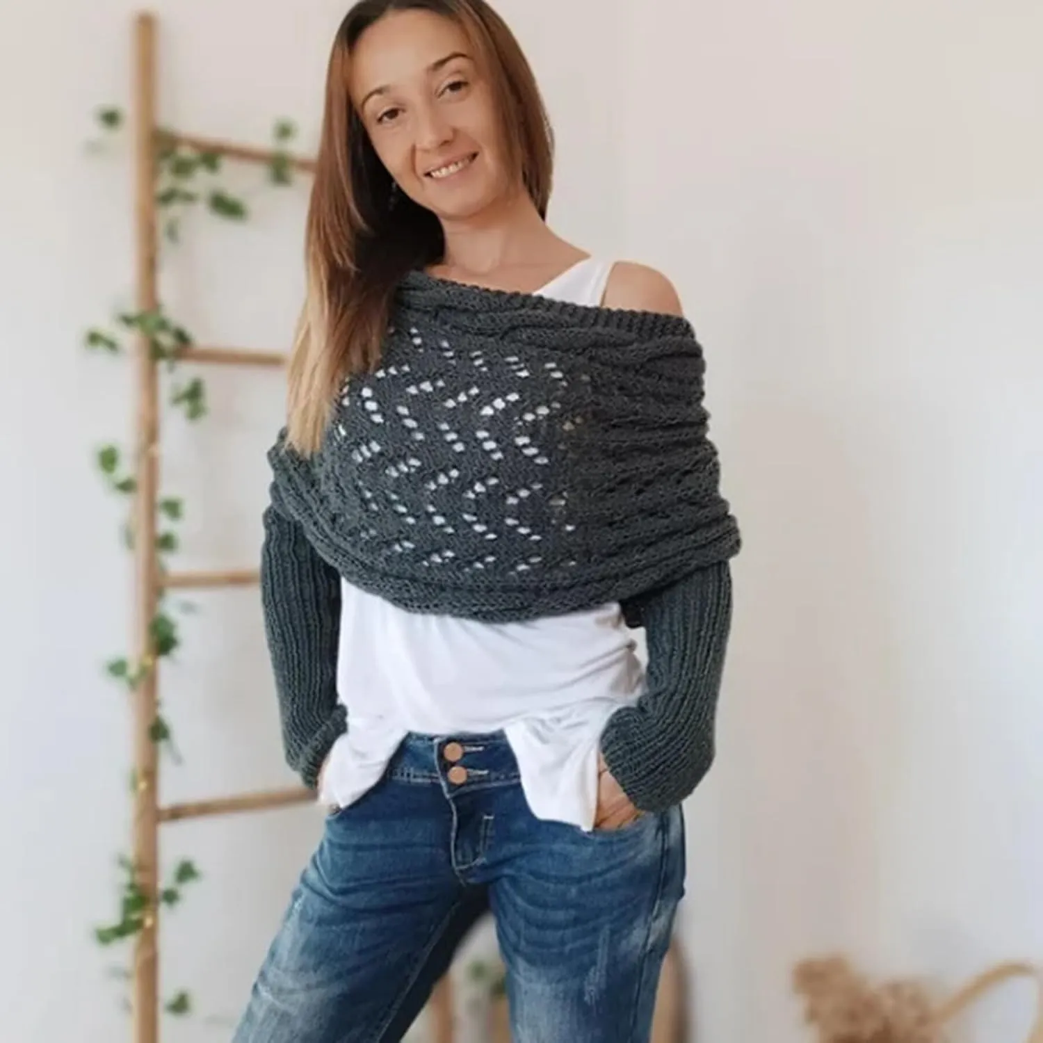 Womens knitted double sleeve scarf with sleeves Knitted cable wrap, shrugs for women, knitted wrap