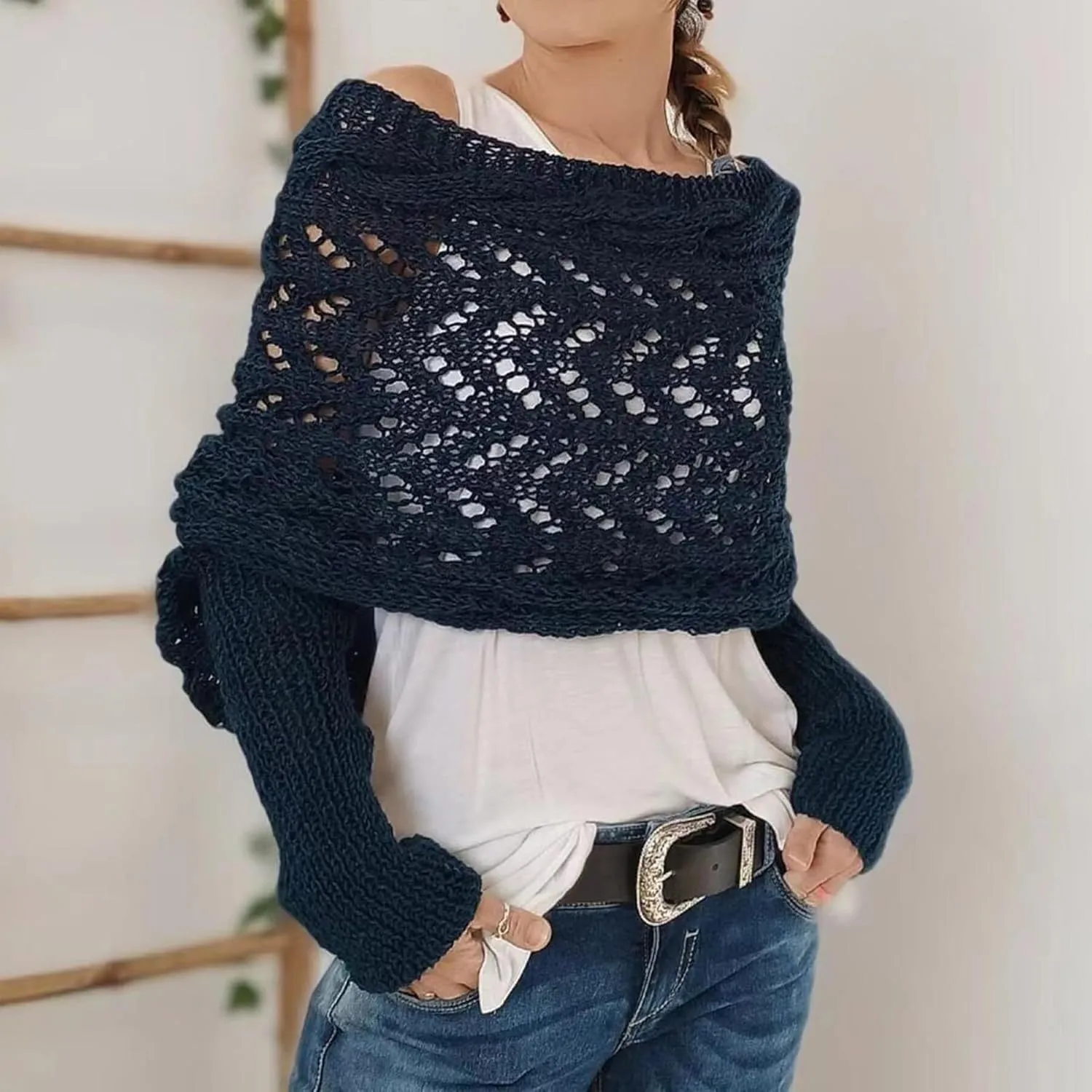 Womens knitted double sleeve scarf with sleeves Knitted cable wrap, shrugs for women, knitted wrap