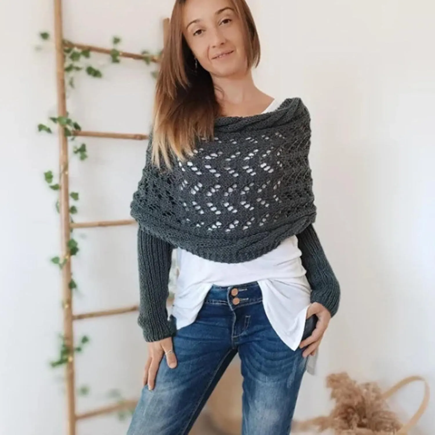 Womens knitted double sleeve scarf with sleeves Knitted cable wrap, shrugs for women, knitted wrap