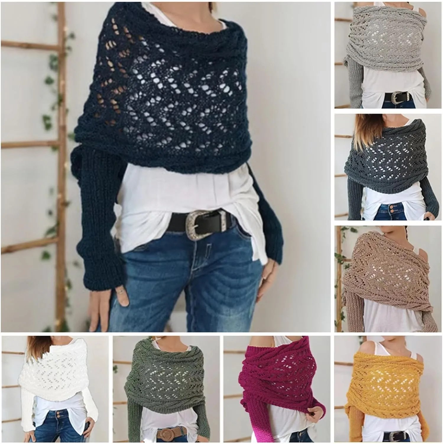 Womens knitted double sleeve scarf with sleeves Knitted cable wrap, shrugs for women, knitted wrap