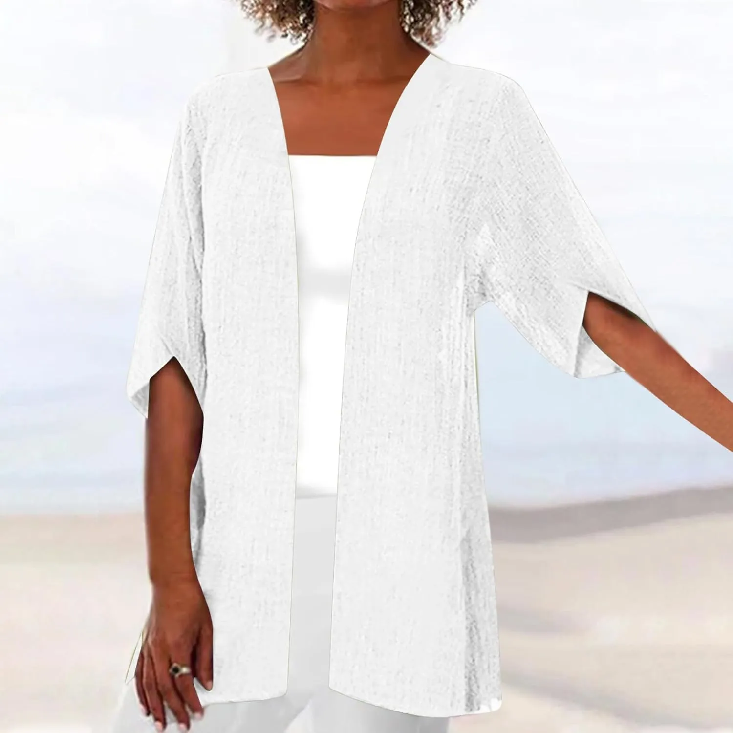 Womens Lightweight Linen Cardigan Open Front Covet Up Summer Casual Half Sleeve Plus Size Beach Sun Protection Clothes