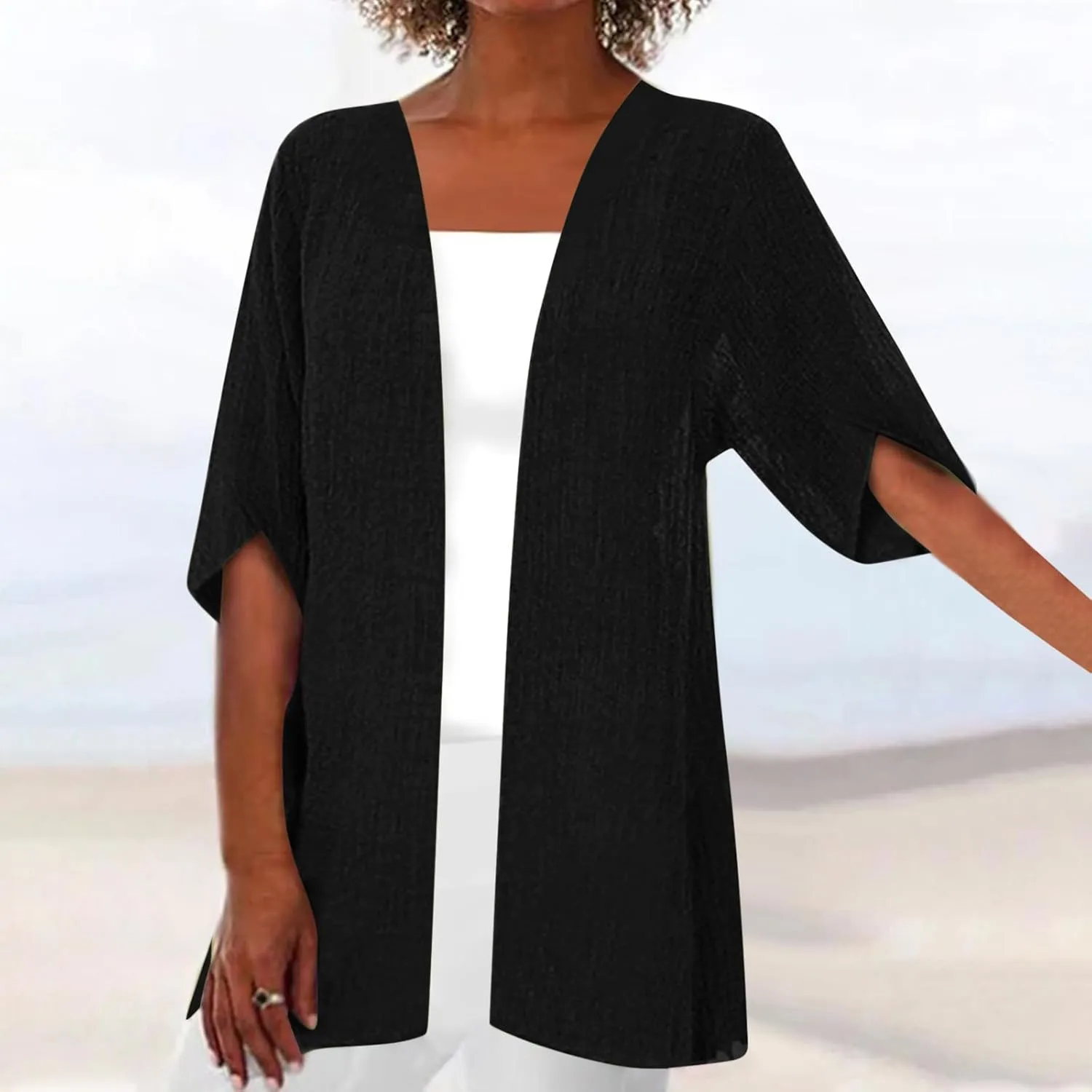 Womens Lightweight Linen Cardigan Open Front Covet Up Summer Casual Half Sleeve Plus Size Beach Sun Protection Clothes