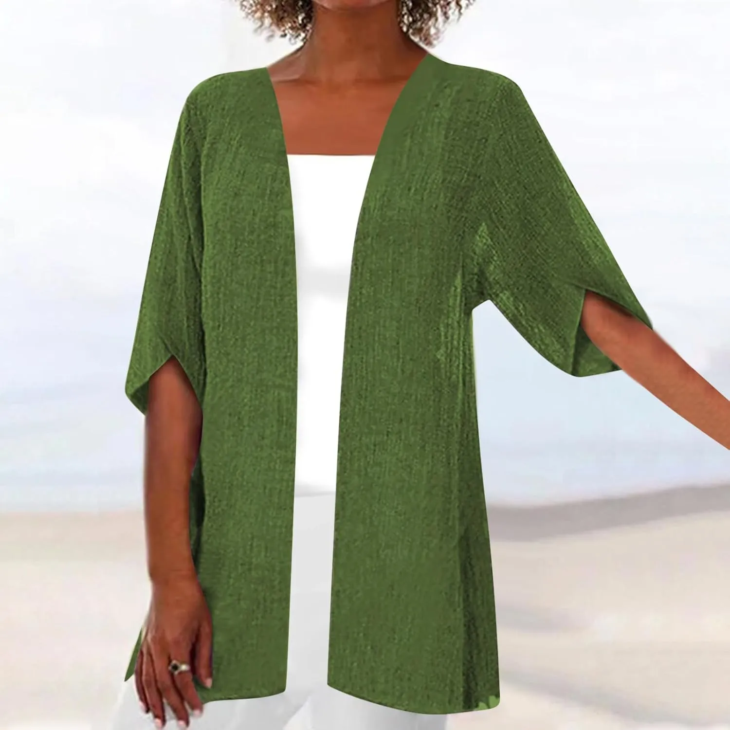 Womens Lightweight Linen Cardigan Open Front Covet Up Summer Casual Half Sleeve Plus Size Beach Sun Protection Clothes