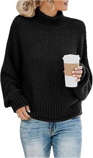 Women's Loose Winter Turtleneck Knitted Jumpers Casual Red Sweaters Ladies Oversized Thick Sweater