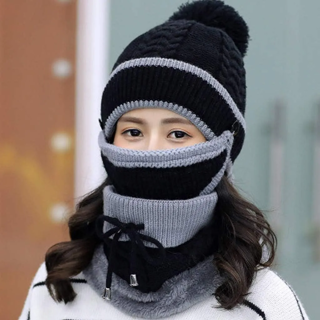 Womens Men Knitted Scarf Hat Sets Thermal Thick Ski Cycling Hat Windproof Neck Warmer Earmuffs Set