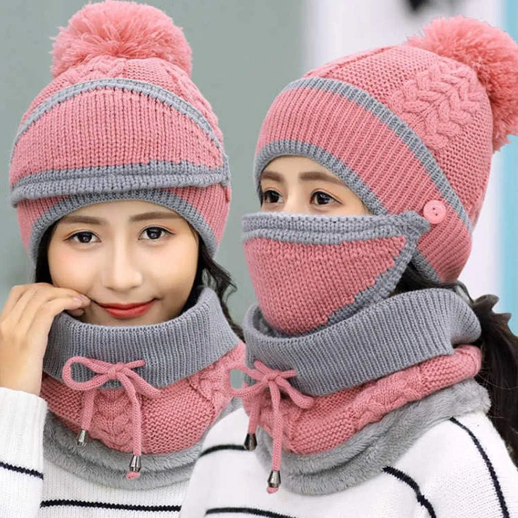 Womens Men Knitted Scarf Hat Sets Thermal Thick Ski Cycling Hat Windproof Neck Warmer Earmuffs Set