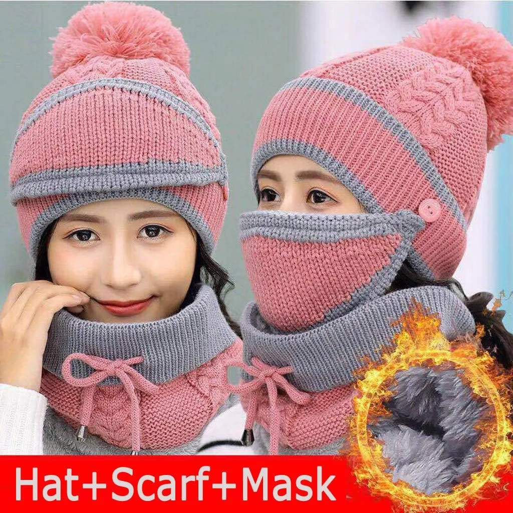 Womens Men Knitted Scarf Hat Sets Thermal Thick Ski Cycling Hat Windproof Neck Warmer Earmuffs Set