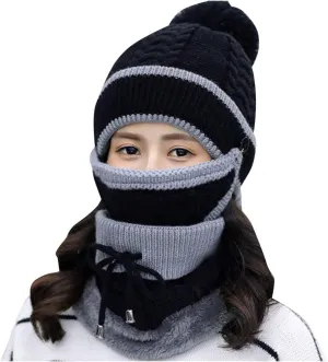 Womens Men Knitted Scarf Hat Sets Thermal Thick Ski Cycling Hat Windproof Neck Warmer Earmuffs Set