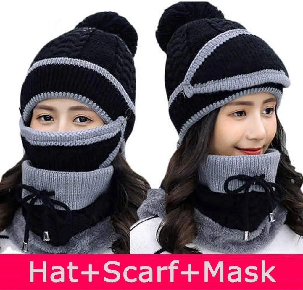 Womens Men Knitted Scarf Hat Sets Thermal Thick Ski Cycling Hat Windproof Neck Warmer Earmuffs Set