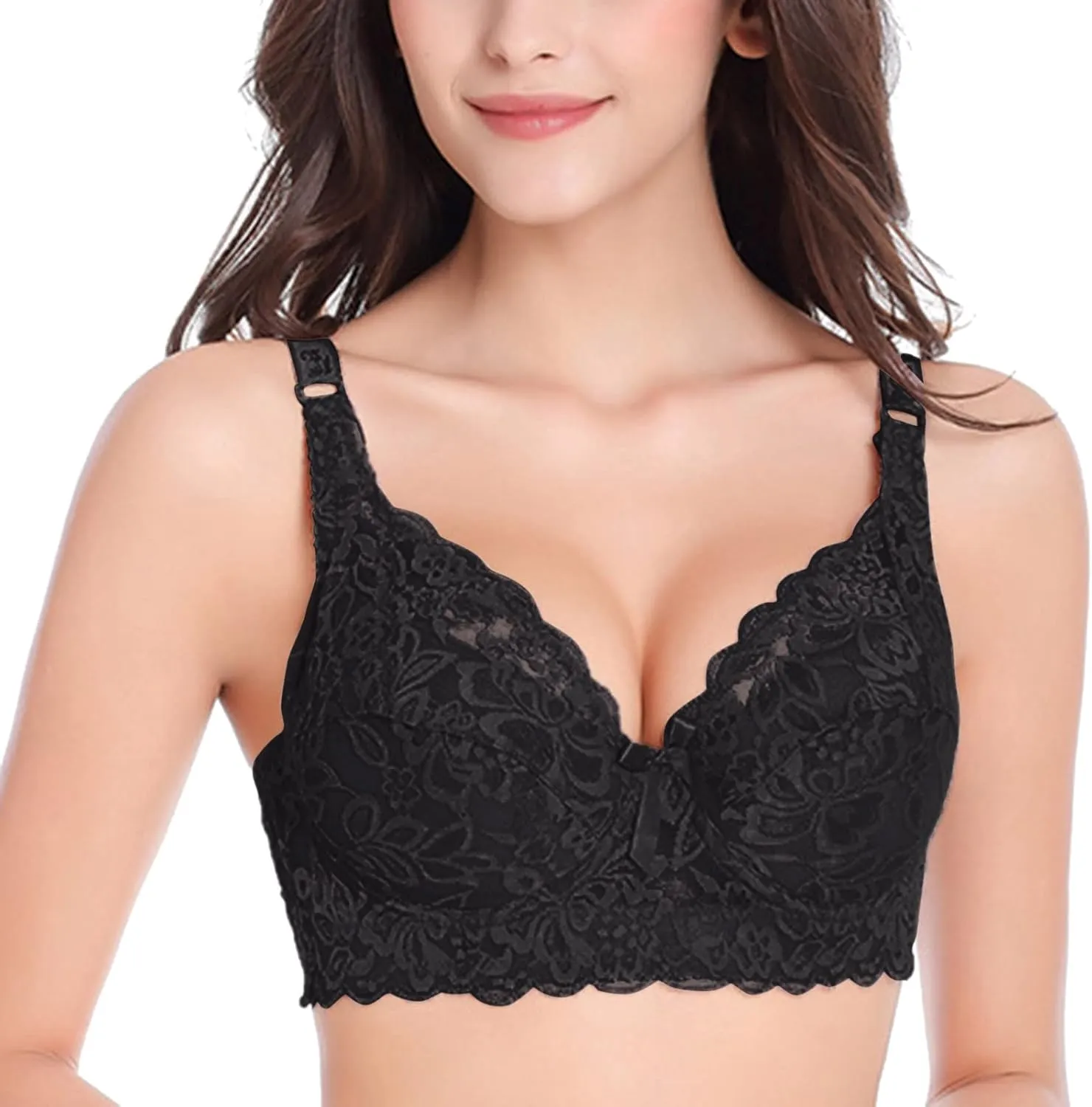 Women's Plus Size Sexy Floral Lace Scalloped Trim Wireless Bra Adjustable Strap V Neck Everyday Bralette