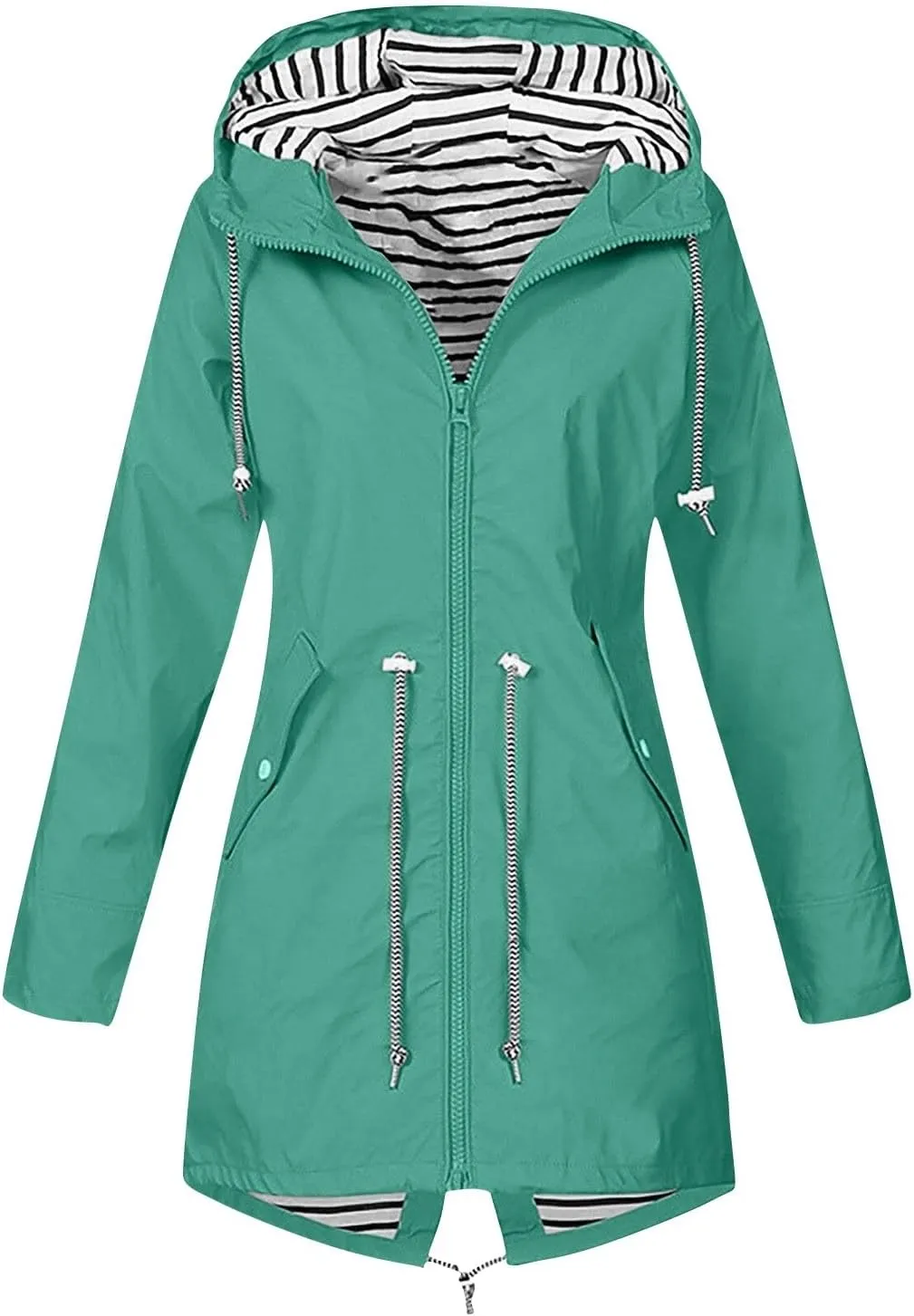 Women's Rain Jacket Long Outdoor Waterproof Hooded Raincoat Solid Drawstring Nylon Warm Zip Up Windbreaker with pockets