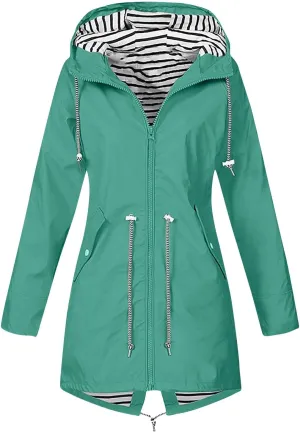 Women's Rain Jacket Long Outdoor Waterproof Hooded Raincoat Solid Drawstring Nylon Warm Zip Up Windbreaker with pockets