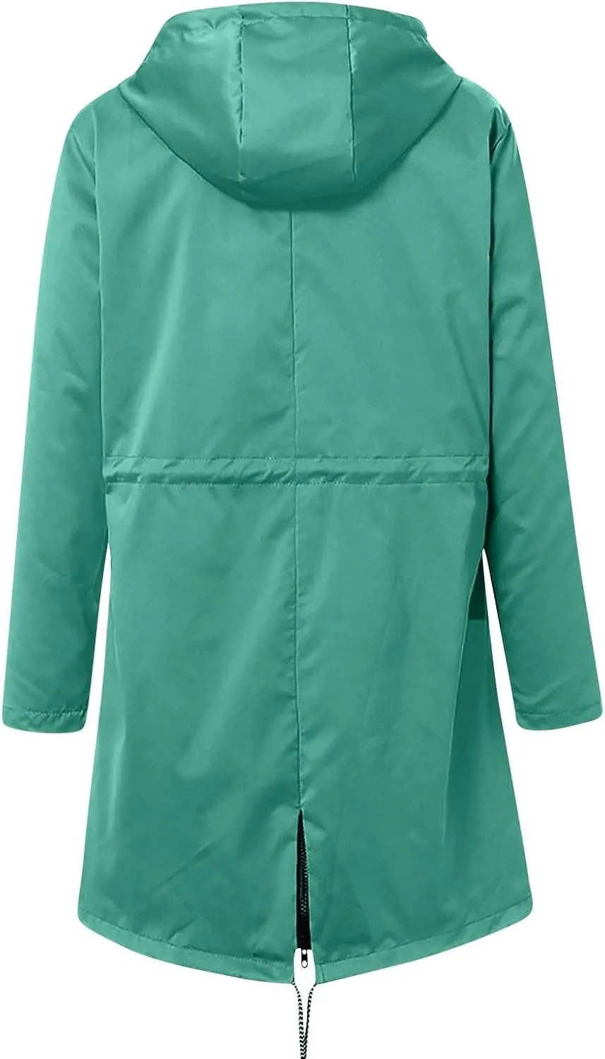 Women's Rain Jacket Long Outdoor Waterproof Hooded Raincoat Solid Drawstring Nylon Warm Zip Up Windbreaker with pockets