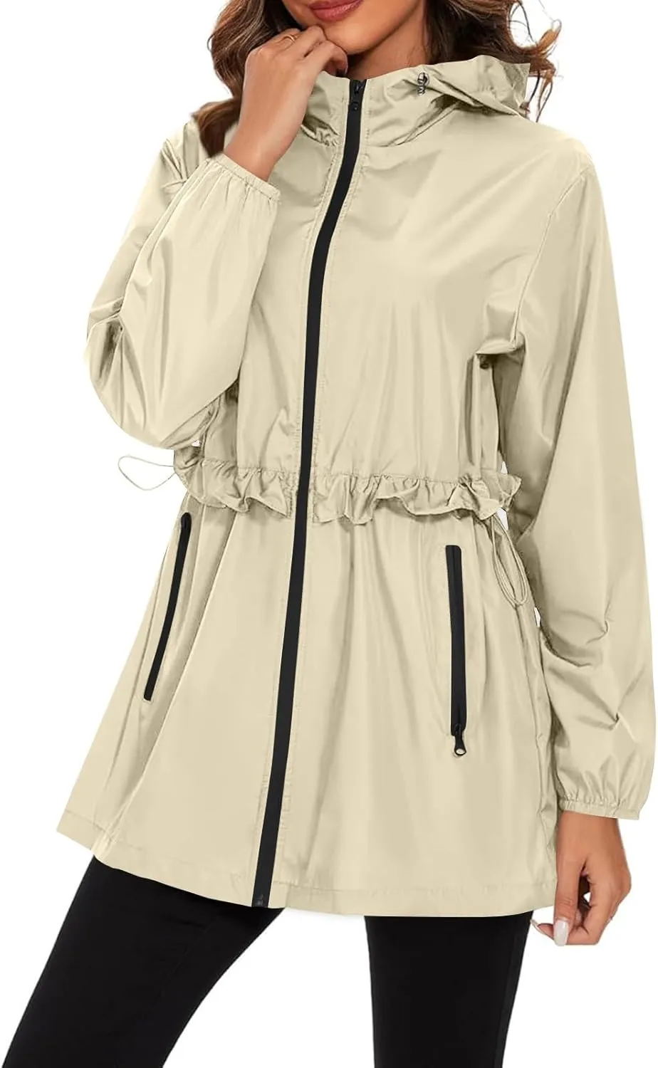 Womens Rain Jacket with Hood Lightweight Packable Waterproof Jackets Long Sleeve Windbreaker Rain Coats with Pockets